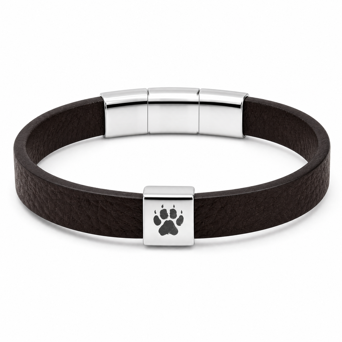 Shepherd Men's Bracelet (Dark Brown): dark brown flat strap with a silver-tone clasp featuring a paw print