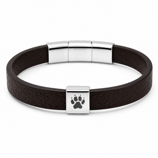 Shepherd Men's Bracelet (Dark Brown): dark brown flat strap with a silver-tone clasp featuring a paw print